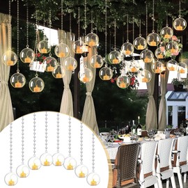 Anglechic 75 Pcs Wedding Hanging Acrylic Globe Tealight Candle Holder 3.15" with Crystal Garland LED Candles for for Indoor Outdoor Backyard Wedding Reception Party Table Centerpieces Decor