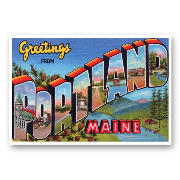 GREETINGS FROM PORTLAND, ME vintage reprint postcard set of 20 identical postcards. Large Letter Portland, Maine city name post card pack (ca. 1930's-1940's). Made in USA.