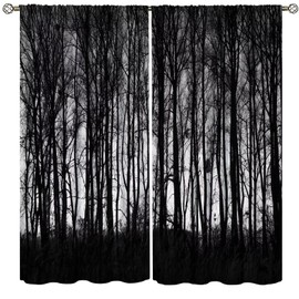 Gothic Blackout Curtains, Gothic Forest Trees Trough Foggy Mysterious Nature Artwork Window Treatments Living Room Bedroom Window Drapes 2 Panel Set 42x45 Inch