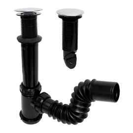 Fleximatic 2218NA Céspol para lavabo u ovalín, color negro, sistema push, bote chico, extensión flexible de 25 cm. Con check anti-olores