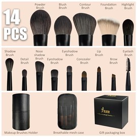 Jilier Juego de brochas de maquillaje de viaje, 14 piezas de mini brochas de maquillaje para base, polvo, sombra de ojos, resaltado, contorno, rubor y
