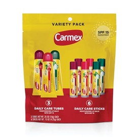 Carmex Pack de Bálsamo Labial de Cuidado Diario Hidratante, SPF 15, Paquete de Variedad de Cuidado de Labios de Sabores Múltiples, 9 Unidades (3 Tubos, 6 Barras)