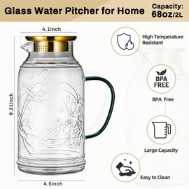 Buaic Glass Pitcher with Lid and Handle, 2 PACK 68 oz/2 Liter Vintage Butterfly Design Fridge Water Pitcher, Borosilicate Glass Water Carafe for Hot/Cold Water,Coffee,Iced Sun Tea,Heat Resistant