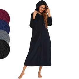 Minicoco Ladies Dressing Gown Fleece Zip Through Robe Fluffy Super Soft Hooded Bathrobe Ladies Thick Flannel Housecoat Warm Fluffy Sherpa Bathrobe with Hood, Pockets | Gifts for Women