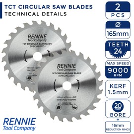 (PACK OF 2) 165mm x 20mm Bore x 24T TCT Cordless Circular Wood Saw Blades Includes. Fits Bosch Makita Ryobi Dewalt DC390, DWE007, DCS391, DC391N Circular Saws etc, Thin Kerf