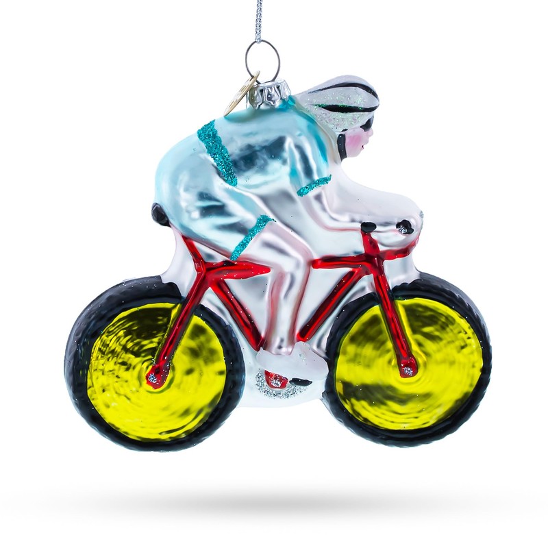 Cycling Sportsman on Bicycle Blown Glass Christmas Ornament