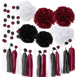 Maroon Black Graduation Party Decorations 2025/Maroon Graduation Decorations/Burgundy Black White Tissue Pom Pom Garland/Maroon Birthday Wedding