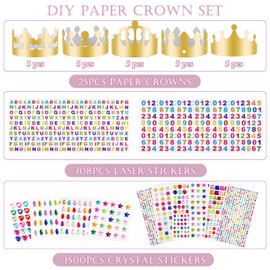 SPOKKI 25 PCS Paper Crown Golden Party Hats with 2208 Pieces Gem Stickers Jewels Stickers Rhinestone Numbers Crafts, Crown Party Making Kit and Crystal Stickers Self for Kids Adults