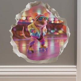 Roller Skating Mouse Hole Decal – 3D Vinyl Sticker – Peel & Stick Removable Retro Animal Decor for Walls and More
