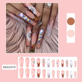 RTKHFZE Long Coffin Press on Nail Pink Fake Nails Rhinestones Press on False Nails with Flower Design Glue on Nails Gift for Women/Mother