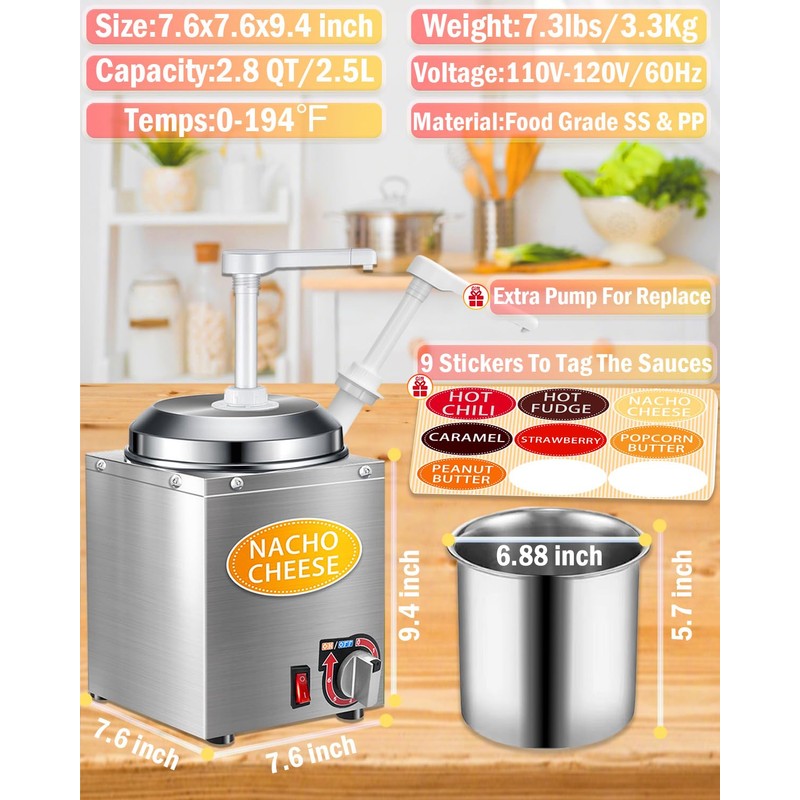 Nacho Cheese Dispenser with Pump - 2.8QT Stainless Steel Nacho