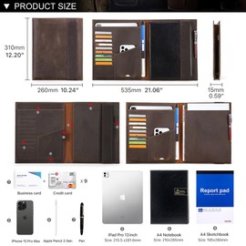 Hiram Leather A4 Notebook Case Multifunctional Genuine Leather A4 Sketchbook Cover with Cellphone Pouch and 13 inch Tablet Storage Pouch