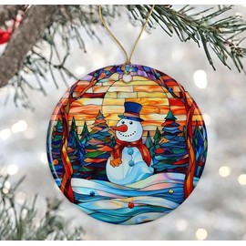 GreenStar Gifts Snowman Stained Glass Ornament Ceramic, Christmas Keepsake, Decoration, Gift Idea Scenic Traditional, Holiday Decor Printed on Both Sides