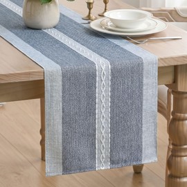 Blue Braided Striped Rustic Chenille Table Runner, Seasonal Embroidered Kitchen Dining Table Decoration for Home Party Decor 13x90 Inch