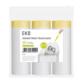 EKO 8 Gallon / 30.3 Liter, 60 Count Drawstring Trash Bags, Extra-Strong Unscented Garbage Bags, Easy-Dispense Roll for Kitchen & Household Use, Resists Tears, Leaks and Punctures, Code F-1, White