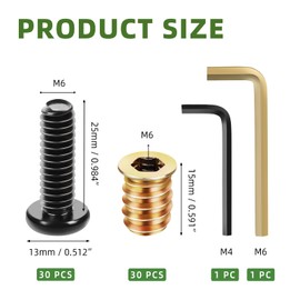 Bykonh M6-1.0 (30 Sets) Furniture Bolts and Nuts Assortment Kit, M6 x 25mm Furniture Screws and M6 x 15mm Threaded Insert Nuts with Allen Wrenches, Screw-in Nuts for Wood Furniture Assembly Connector