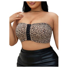 SOLY HUX Women's Plus Size Leopard Strapless Bras Front Closure Wireless Bra Non Slip Bandeau Invisible Bralette Multicoloured Leopard XX-Large Plus