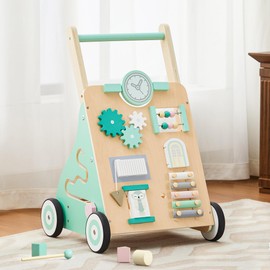 Wooden Baby Walker, Baby Push Walker with Wheels Multiple Learning Activity Center Baby Walker Adjustable Height and Speed for Boys Ages 9+ Months, Green