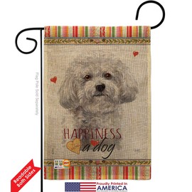Bichon Frise Happiness Burlap Burlap Garden Flag Animals Dog Puppy Spoiled Paw Canine Fur Pet Nature Farm Animal Creature Small Decorative Gift Yard House Banner Double-Sided Made In USA 13 X 18.5