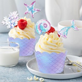 Mermaid Cupcake Toppers and Wrappers 48 pcs, Mermaid Theme Birthday Decorations, Suitable for Birthday Cupcakes, Mermaid Theme Party, Under The Sea Party