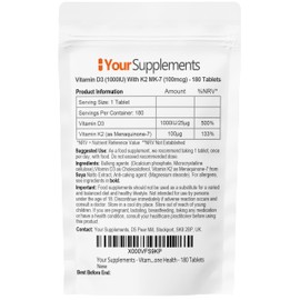 Your Supplements – Vitamin D3 1,000 IU with K2 100mcg – Supports Bone Health (180 Tablets)