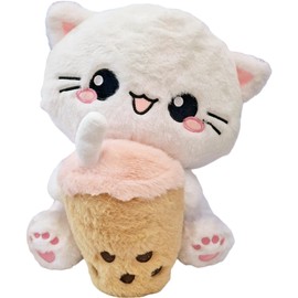 moodrush® Boba Cat Bubble Tea Cat Plush Toy Cuddly Toy Kawaii Kitty All Elements Embroidered Washable Approx. 35 x 24 cm