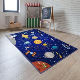 Booooom Jackson Kids Rug Space Playroom Carpet 59''x39'' Play Mat Educational Fun Game Boy & Girls Machine Washable Area Rugs with Rocket, Small Non Slip Planet Rug for Childrens' Playroom