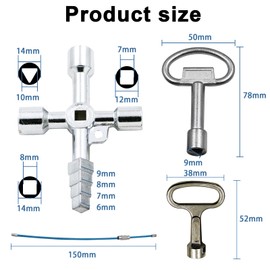 PKCHYE Set of 9 control cabinet keys, universal key, tap key, 3-sided key, cross key, 4-way key for water, electricity meter, lifts, key ring, wire rope, rustproof