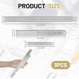 Set of 3 Stainless Steel Rulers, 10 cm, 20 cm, 30 cm, Rulers with Double Scale Metric and Imperial, Metal Ruler for Engineering, School, Office and Design, Precision Measuring Tool