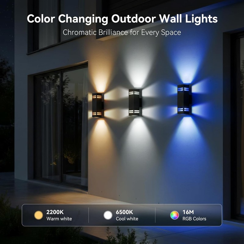 Smart Outdoor Wall Lights 2 Pack, IP65 RGB Wall Lights