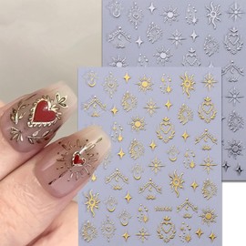 6Sheets Retro Metallic Nail Art Stickers 3D Self-Adhesive Sun Totem Nail Supplies Gold Silver Moon Stars Love Lock Heart Nail Design Stickers Luxury Holographic Nail Decals for Women Girl Nails Decor