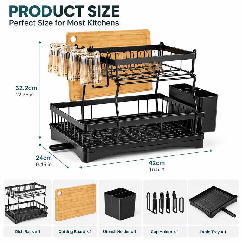 2-Tier Dish Drying Rack for Kitchen Countertops – Removable Metal