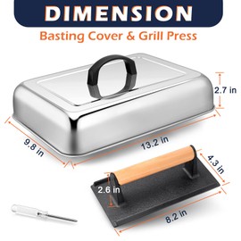 Joyfair Basting Cover with Grill Press, 13 Inch Rectangular Cheese Melting Dome and Cast Iron Burger Press for Outdoor & Indoor, Griddle Accessories for Flat Top/Teppanyaki, Dishwasher Safe