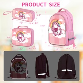 Bow Unicorn Backpack for Girls 3-in-1 Set with Lunch Box & Pencil Case, Pink Rainbow Princess School Bag for Kids Teens Elementary to Middle School, Cute Bookbag Travel BackPack for Ages 6-18-A