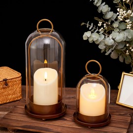 VAUWINEK Hurricane Candle Holders Set of 2, 5" & 4" Metal and Glass Candle Lantern with Clear Dome for Pillar Candle, Wedding & Christmas Table Centerpiece, Farmhouse Home Decor (Brass, Large & Small)