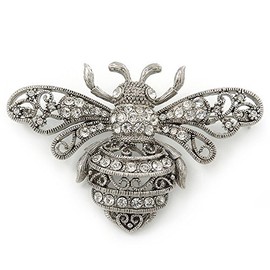Large Silver Tone Filigree, Diamante 'Bumble Bee' Brooch - 70mm Width