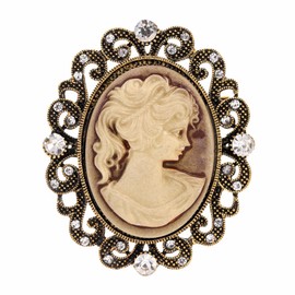 Gyn&Joy Vintage Inspired Antique Reproduct Rhinestone Grey Victorian Cameo Brooch (Antique Golden Tone)