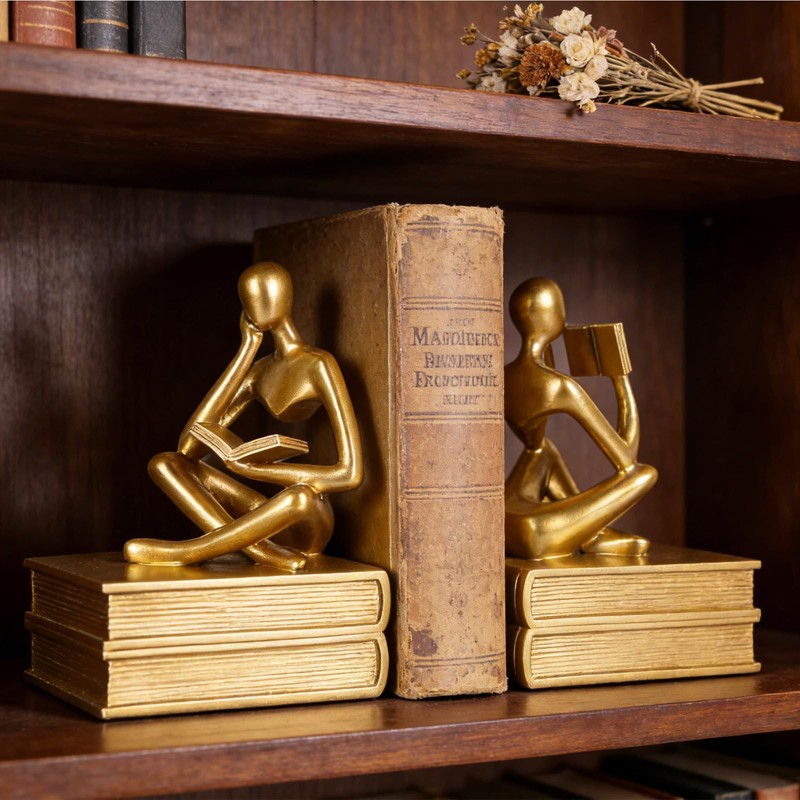 Reading Thinker Statue Book Ends for Shelves, Decorative Bookends for