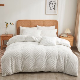 White comforters Queen Size，Soft Chenille Palm Leaf Pattern Sherpa Comforter 3pcs Set （1 Queen Size Fuzzy Comforter +2 Fur Pillow Cases Plush Modern Luxury Bedding Set (White, Queen)