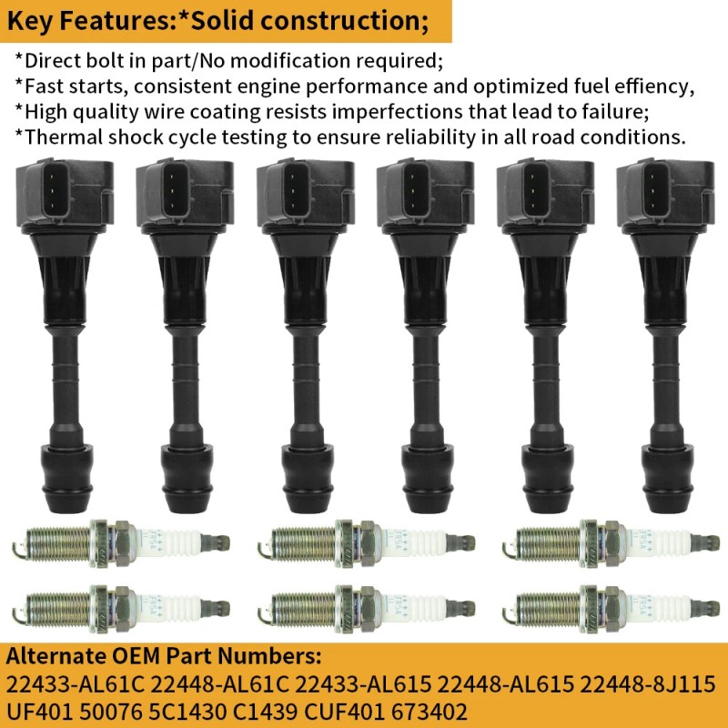CNPAPC 6Pack Ignition Coil UF349 & Spark Plug For Nissan