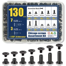 130 Sets Carbon Steel Chicago Screws – Gunmetal Black Chicago Binding Screws, 7 Sizes (M5*4,5,6,8,10,12,15) & 3 Screw Lengths (M4*3,4,5) for Leather, Bookbinding, Belt, Bag, Shoes & DIY Crafts