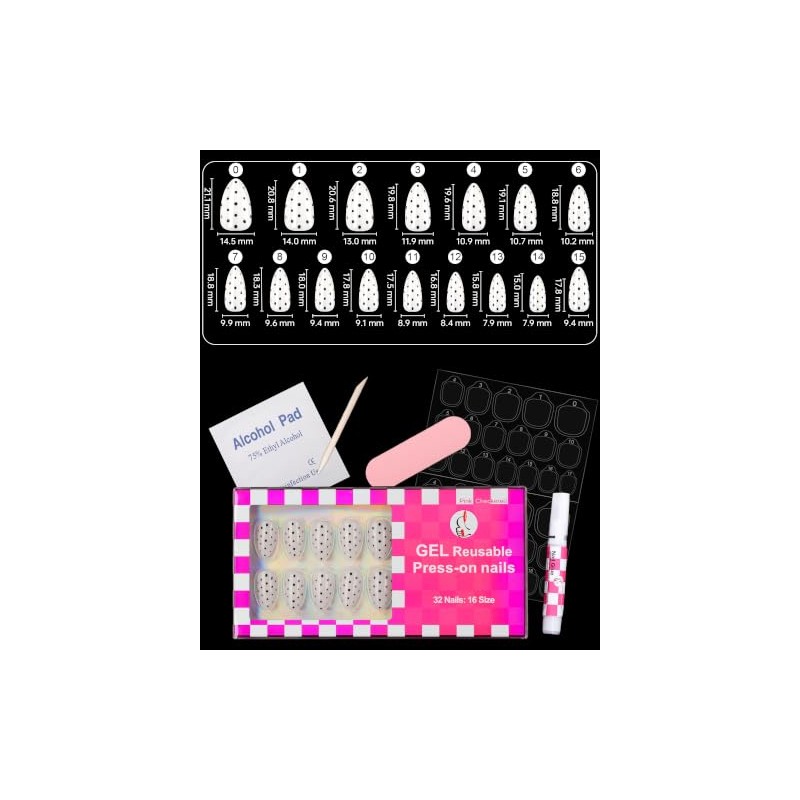 Black Dot Press On Almond Nails 16 Sizes 32pcs Short