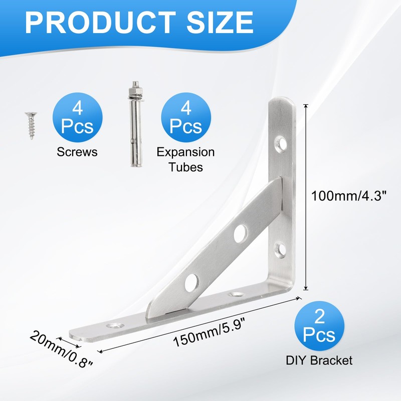 PATIKIL Wall Shelf Brackets 6", 2 Pack Heavy Duty Stainless