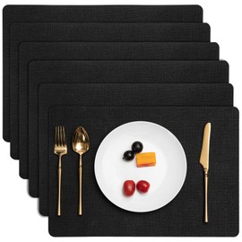 Myir JUN Placemats Dual Sided, Faux Leather Place Mats Set of 6 Indoor Placemats for Dining Table Outdoor Placemats Square Non-Slip Washable Table Mats (Black, Set of 6)