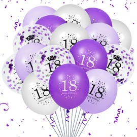 RUMIA 18th Purple Birthday Balloons Decorations, 16 PCS Purple White Confetti Latex Balloons for Girs 18th Happy Birthday Party Wedding Anniversary Indoor Outdoor Party Supplies,12 Inch