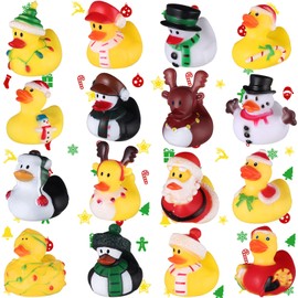 16Pcs Christmas Rubber Duckies Toys Bulk, Fancy Novelty Christmas Ducks Party Decorations for Classroom Prizes Ducky Birthday Gift Xmas Winter Holiday Party Favors Goodie Bag Fillers (Simple Style)