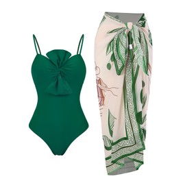 One Piece Swimsuit with Cover Up Retro Bathing Suit with Cover Up Set Modest Sarong Wrap Swim Suits for Women Slimming Two Piece Swimwear with Matching Green Knot Medium