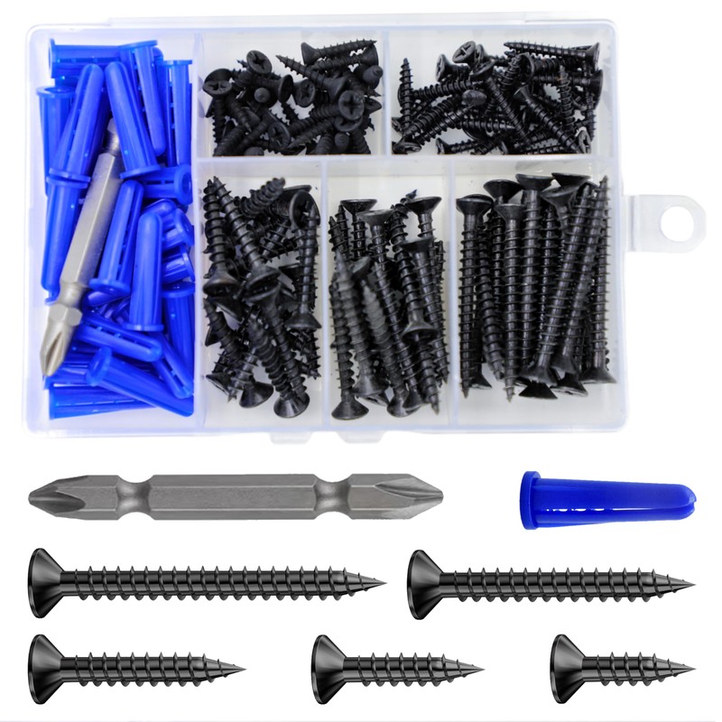 Wensilon (150Pcs) Black Wood Screw Quick Metal Self Tapping Flat