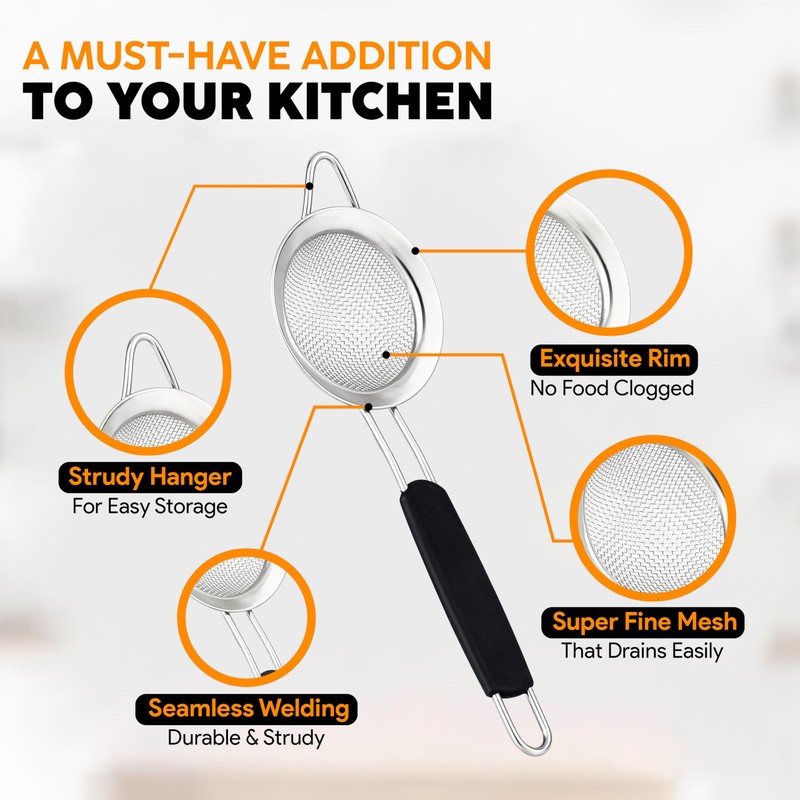 Black Sieves and Strainers Set - Metal Sieve Stainless Steel,