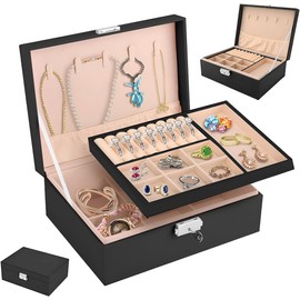 Raganet, Caja de Joyería de 2 Niveles y Múltiples Compartimientos, Alhajero de Cerrado Seguro con Espacio para Aretes, Collares, Anillos, Relojes y Alhajas, Alhajero Practico de 23cmX17cmX9cm (Negro)